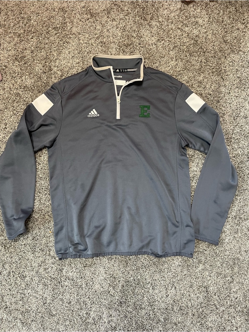 adidas Gray Quarter-Zip Pullover with White Accents and Green 'E'
